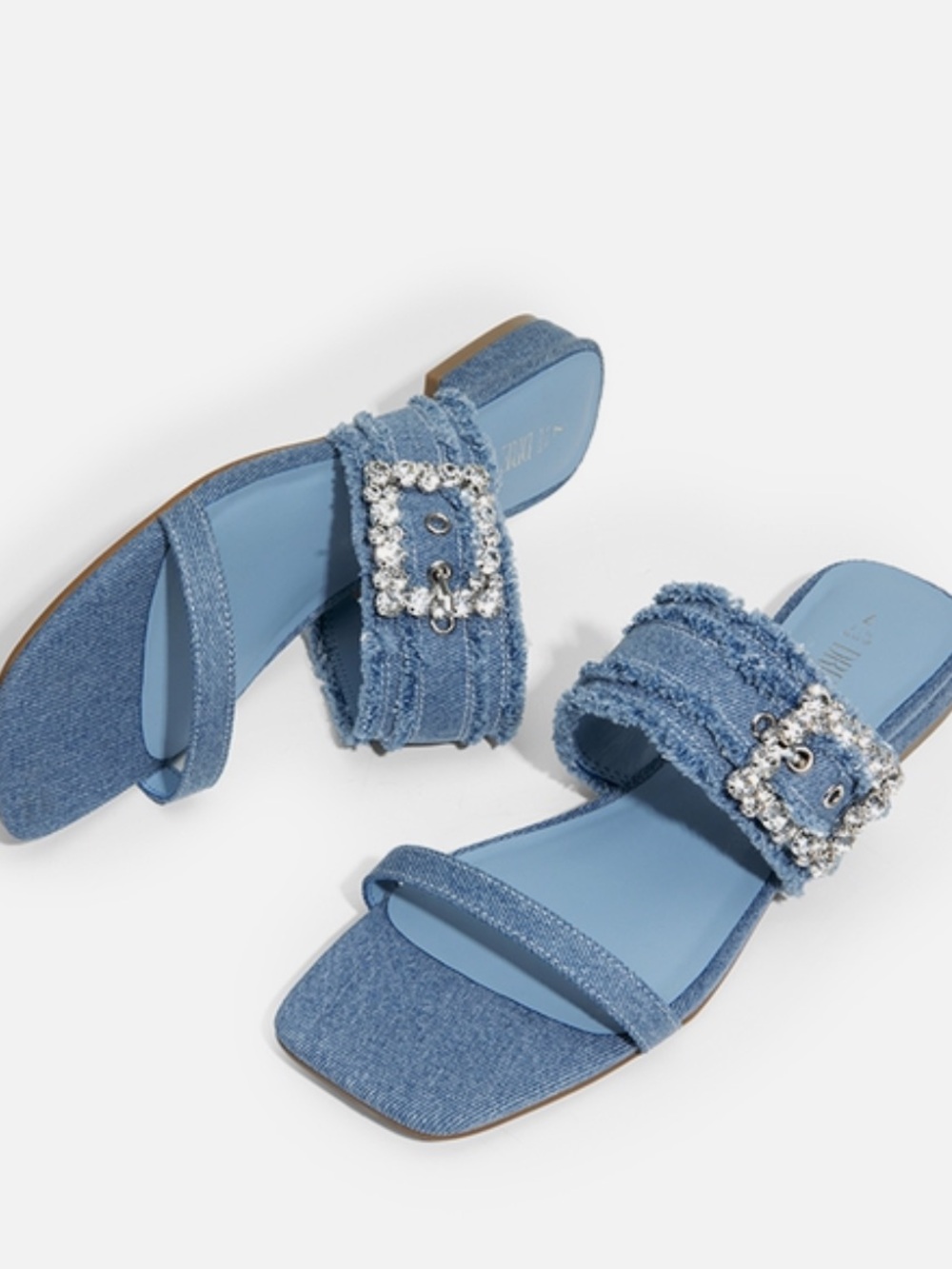 Denim Crystal-Buckle Slide Mules in Light Blue - Women